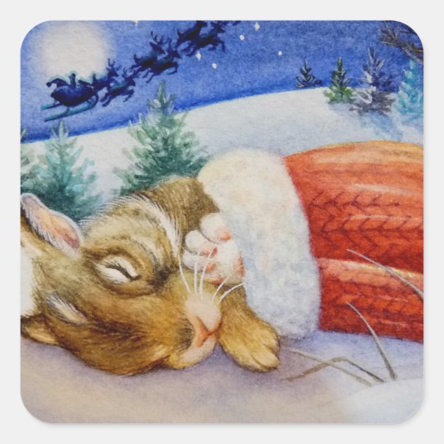 Rabbit Sleeps in Santa's Mitten Watercolor Art Square Sticker (Front)