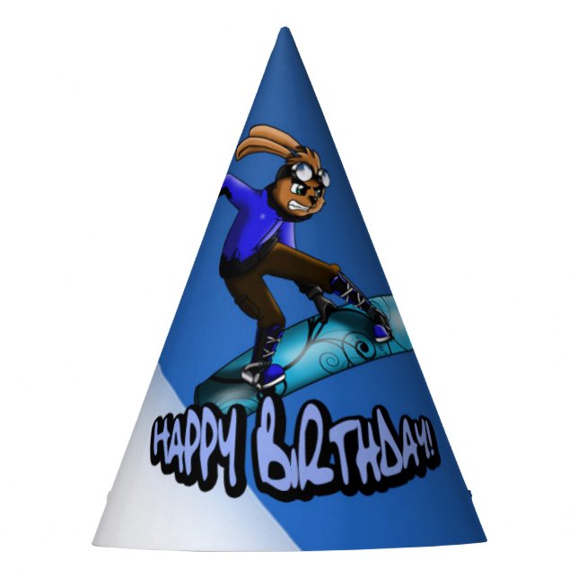 Rabbit Snowboarder Birthday Party Hat (Front)