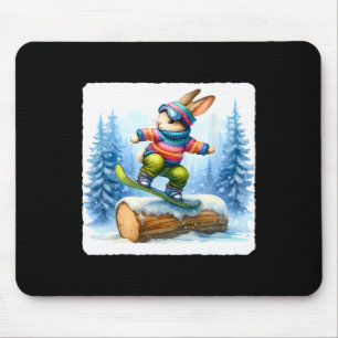 Rabbit Snowboarding Over Snowy Log. Snowboard Snow Mouse Mat
