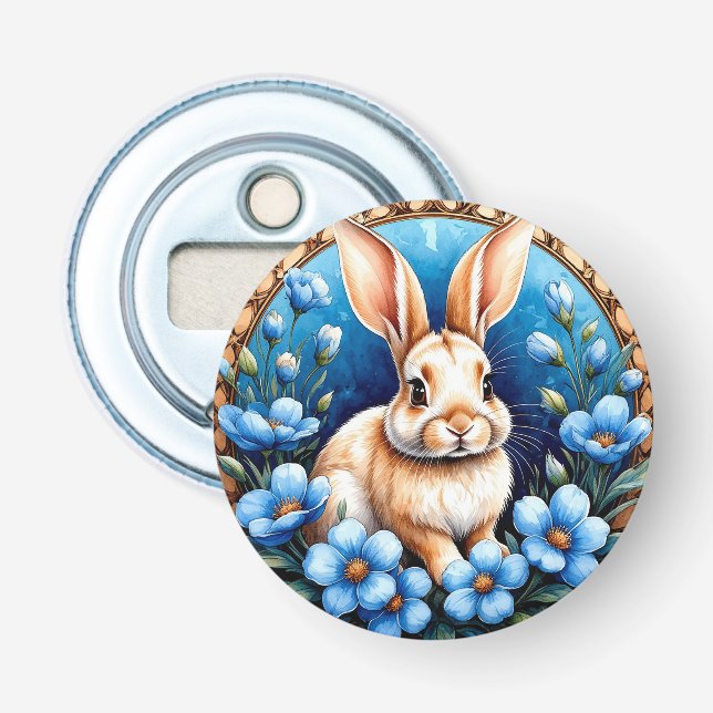 Rabbit Surrounded by Blue Flowers Bottle Opener (Front)