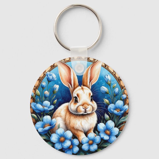 Rabbit Surrounded by Blue Flowers Key Ring (Front)