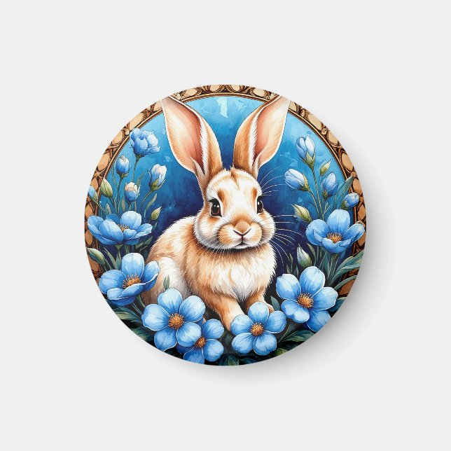 Rabbit Surrounded by Blue Flowers Magnet (Front)