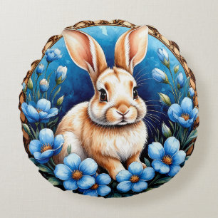 Rabbit Surrounded by Blue Flowers Round Cushion