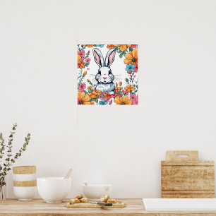 Rabbit surrounded by flowers poster