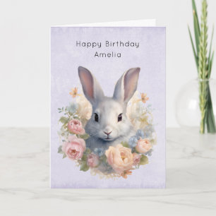 Rabbit Surrounded by Pastel Flowers Cute Birthday Card