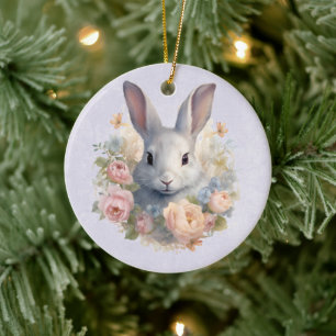 Rabbit Surrounded by Pastel Flowers Cute Ceramic Tree Decoration
