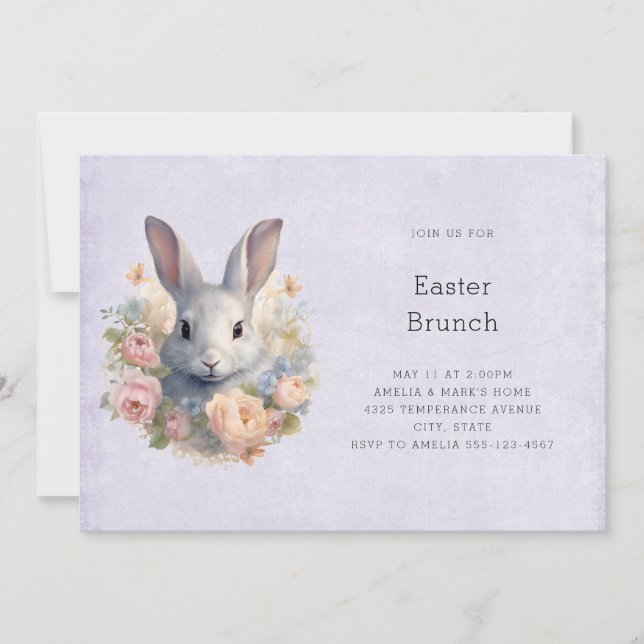 Rabbit Surrounded by Pastel Flowers Cute Easter Invitation (Front)