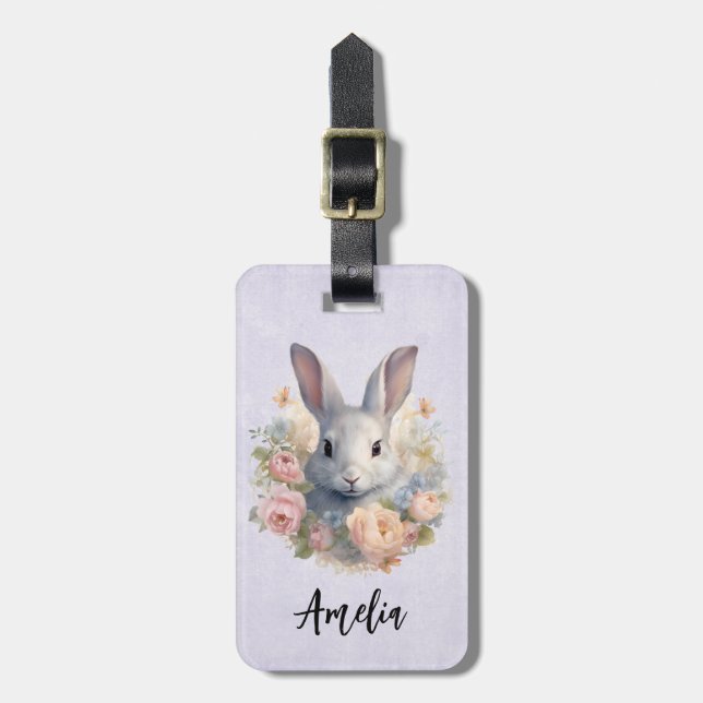 Rabbit Surrounded by Pastel Flowers Cute Luggage Tag (Front Vertical)