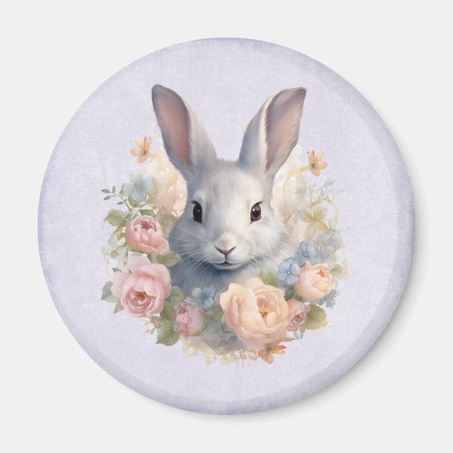 Rabbit Surrounded by Pastel Flowers Cute Magnet (Front)