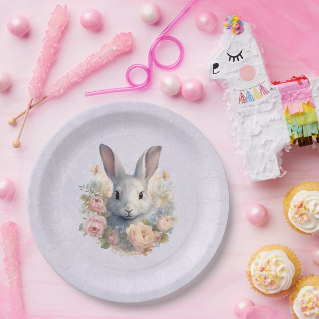 Rabbit Surrounded by Pastel Flowers Cute Paper Plate (Party)