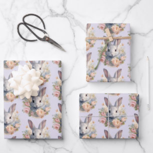 Rabbit Surrounded by Pastel Flowers Cute Pattern Wrapping Paper Sheet