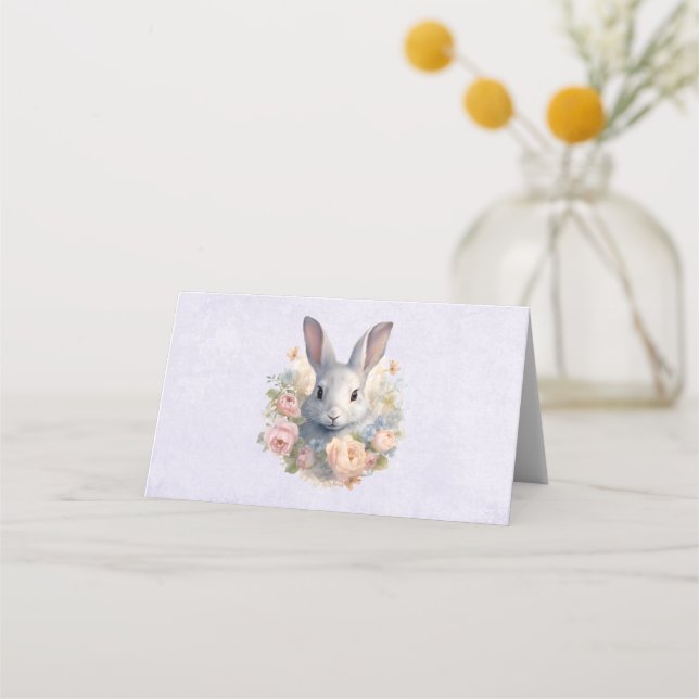Rabbit Surrounded by Pastel Flowers Cute Place Card (Front)