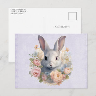 Rabbit Surrounded by Pastel Flowers Cute Postcard