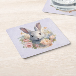 Rabbit Surrounded by Pastel Flowers Cute Square Paper Coaster