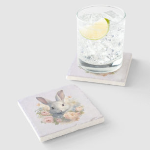 Rabbit Surrounded by Pastel Flowers Cute Stone Coaster