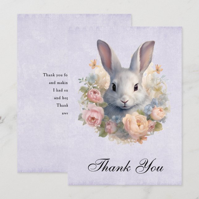Rabbit Surrounded by Pastel Flowers Cute Thank You Card (Front/Back)