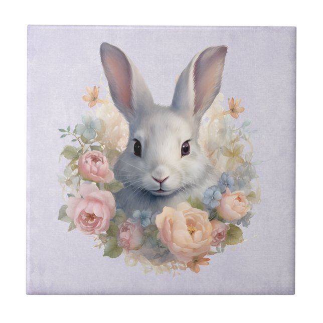 Rabbit Surrounded by Pastel Flowers Cute Tile (Front)