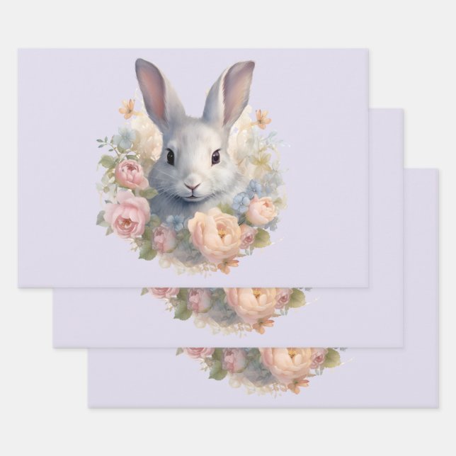 Rabbit Surrounded by Pastel Flowers Cute Wrapping Paper Sheet (Set)