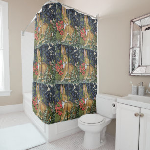 Rabbit Tapestry Tile Floral Navy Blue Hare Decor Shower Curtain