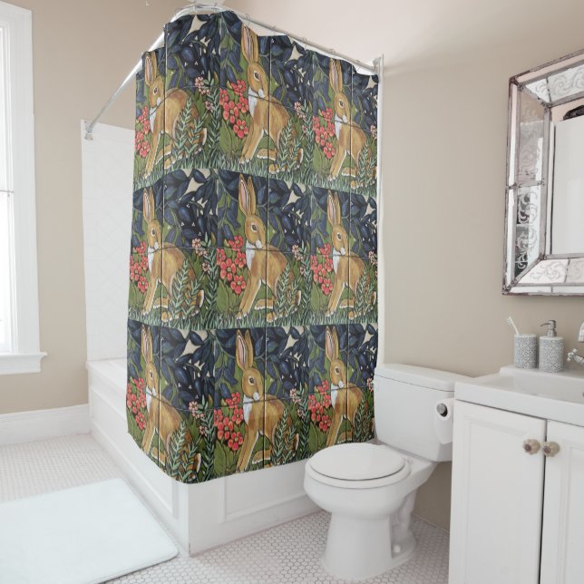 Rabbit Tapestry Tile Floral Navy Blue Hare Decor Shower Curtain (In Situ)
