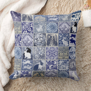 Rabbit Tile Mosaic Pattern Blue White Gray Vintage Cushion