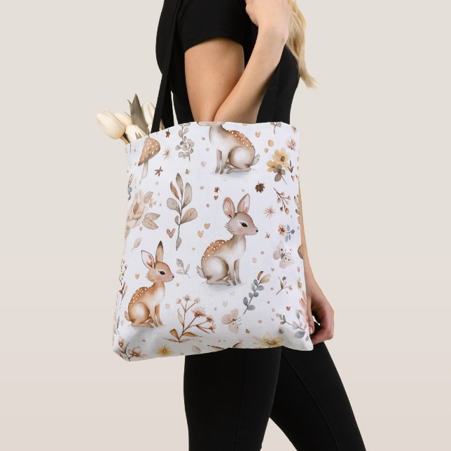 Rabbit Watercolor Floral Spring Pattern Tote Bag (Close Up)