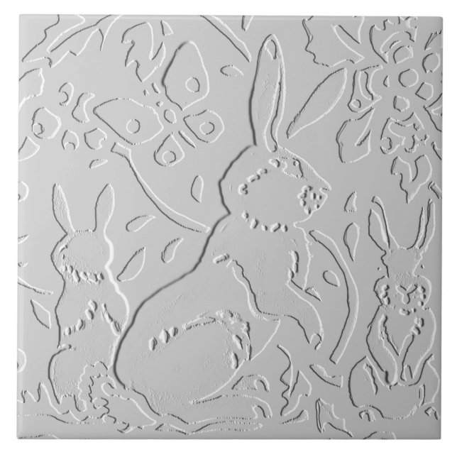 Rabbit White Grey Black Embossed  Woodland Animal Tile (Front)