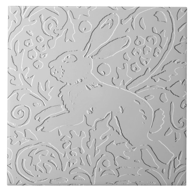 Rabbit White Grey Black Embossed  Woodland Animal Tile (Front)