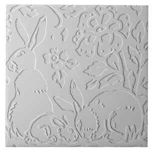 Rabbit White Grey Black Embossed  Woodland Animal Tile