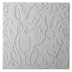 Rabbit White Grey Embossed Floral Woodland Animal Tile