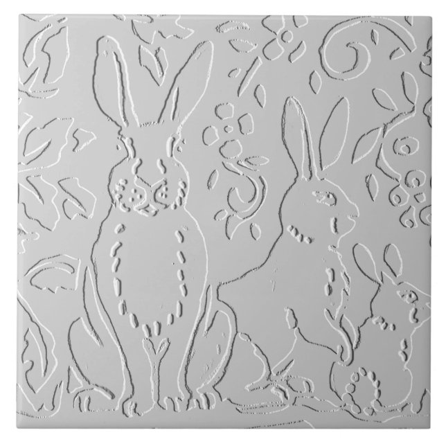 Rabbit White Grey Embossed Floral Woodland Animal Tile (Front)