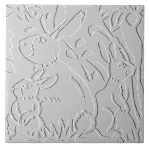 Rabbit White Grey Embossed Floral Woodland Animal Tile