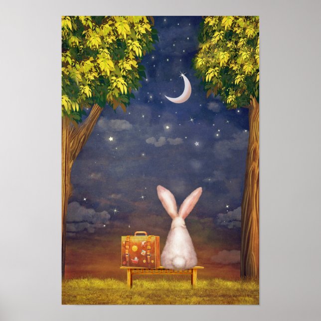 Rabbit with a Suitcase Looking Into the Night Sky Poster (Front)