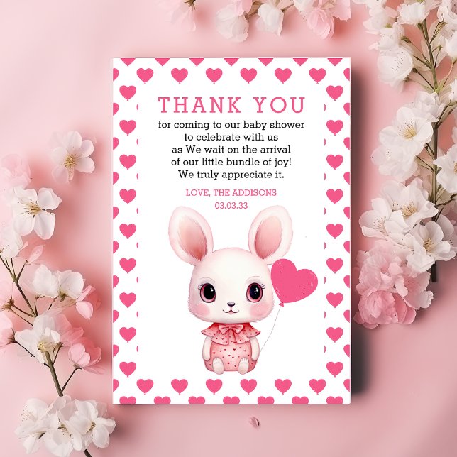 Rabbit with Balloon Pink Hearts Girl Baby Shower Thank You Card (Creator Uploaded)