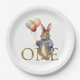 Rabbit with balloons First Birthday ONE Paper Plate