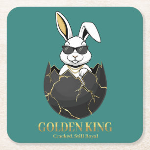 Rabbit with cool glasses, Gold, cracked, royal Square Paper Coaster
