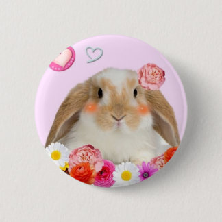 rabbit with flowers 6 cm round badge