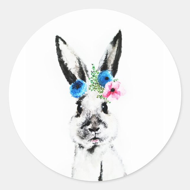 Rabbit with Flowers Classic Round Sticker (Front)