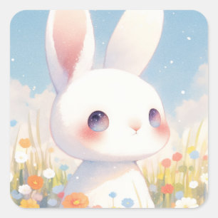 Rabbit with Galaxy Eyes in Colorful Wildflower Square Sticker