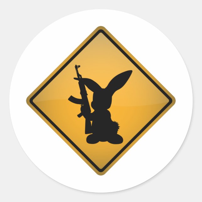 Rabbit with Gun Warning Sign Classic Round Sticker (Front)