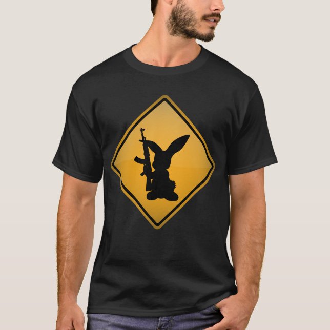 Rabbit with Gun Warning Sign T-Shirt (Front)