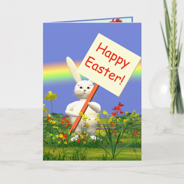 Rabbit with Happy Easter Sign Holiday Card (Front)