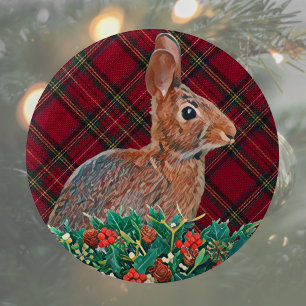 Rabbit with Holly Berries and Plaid 6 Cm Round Badge