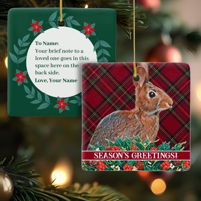 Rabbit with Holly Berries and Plaid Customisable Ceramic Ornament (A cute rabbit ceramic ornament with custom text on the back is personal and unique.)