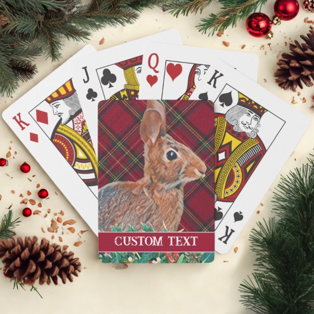 Rabbit with Holly Berries and Plaid Customisable Playing Cards (Christmas cards with a rabbit and custom text make a great, personal stocking stuffer!)