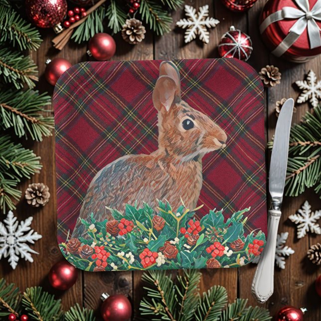 Rabbit with Holly Berries and Plaid Paper Plate (A classic red and green plaid and rabbit make a cute paper Christmas plate for parties and leftovers)