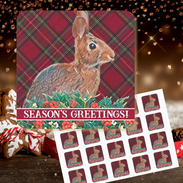Rabbit with Holly Berries and Plaid Square Sticker (A classic red and green pattern combine with a rabbit to make these custom envelope seals unique.)