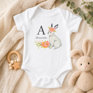 Rabbit with Pink Flowers Monogram Baby Bodysuit