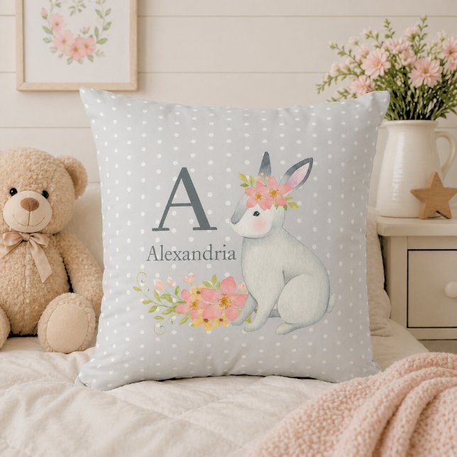 Rabbit with Pink Flowers Monogram Cushion (Creator Uploaded)