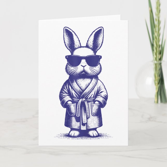 Rabbit With Robe And Sungles Blue Retro Easter Bun Card (Front)